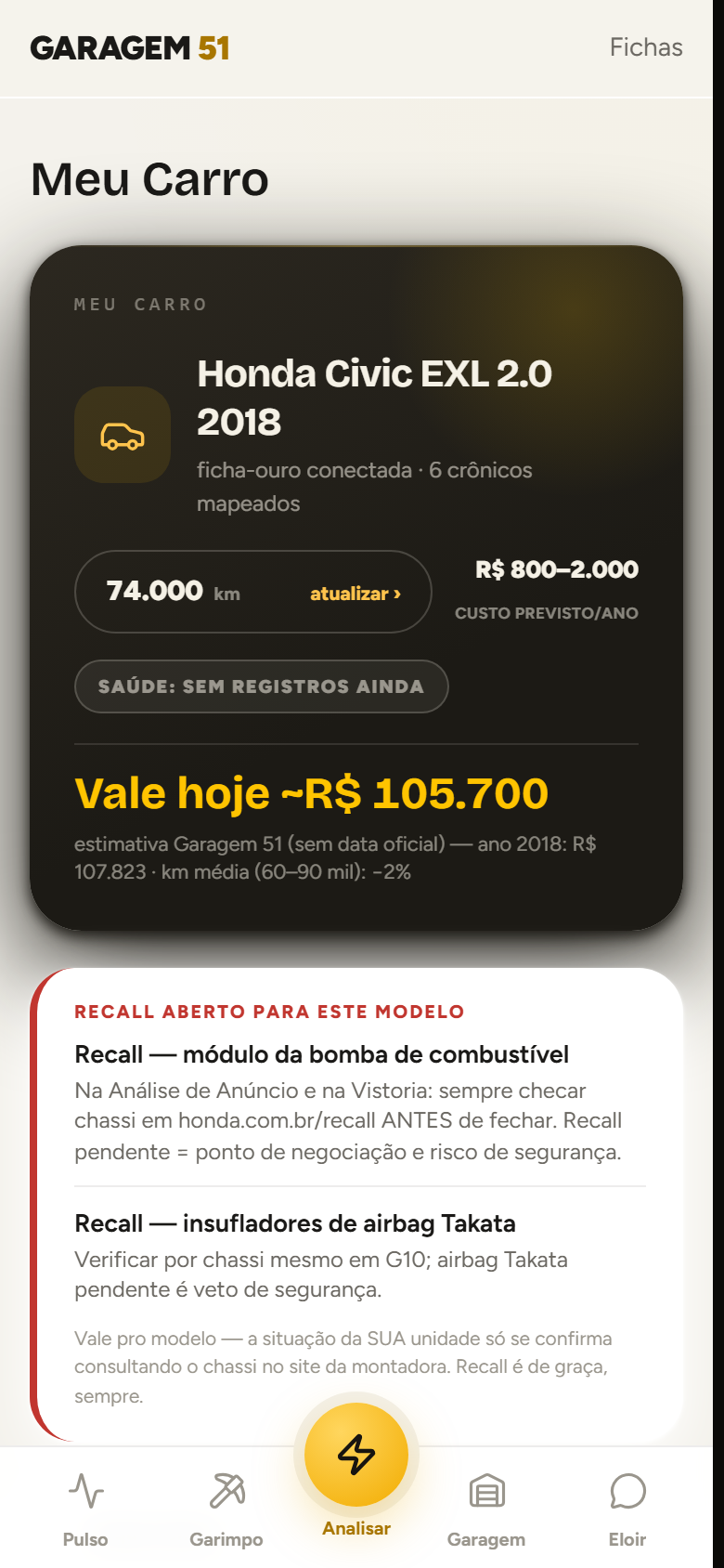 Tela real do Meu Carro: Honda Civic 2018 com quilometragem, custo previsto por ano, valor atual estimado e alerta de recall do modelo