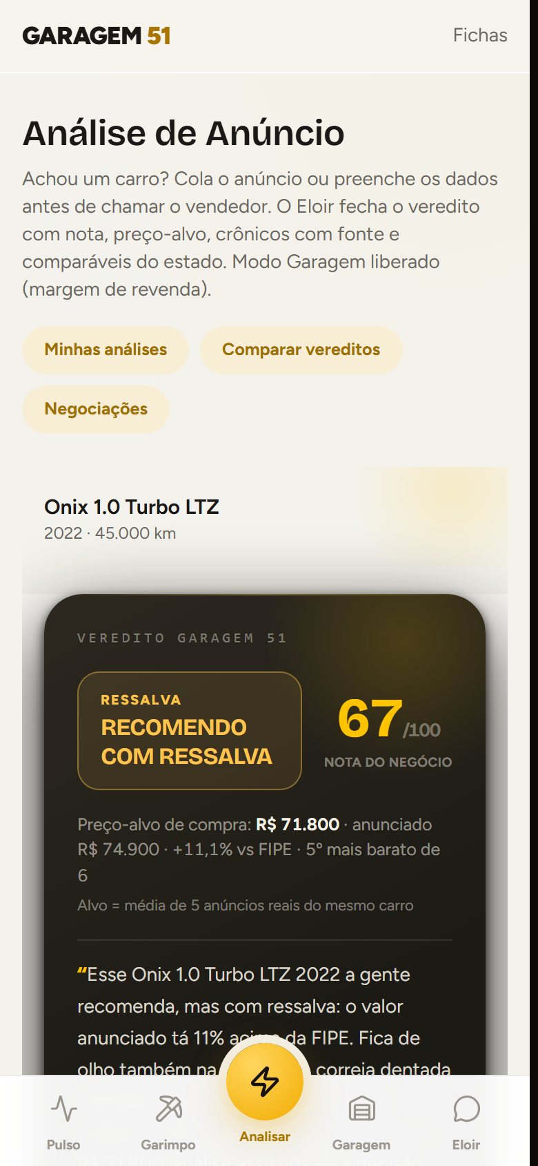 Tela real do veredito no app: Onix 1.0 Turbo LTZ 2022, Recomendo com ressalva, nota 67/100, preço-alvo de compra R$ 71.800 contra R$ 74.900 anunciados